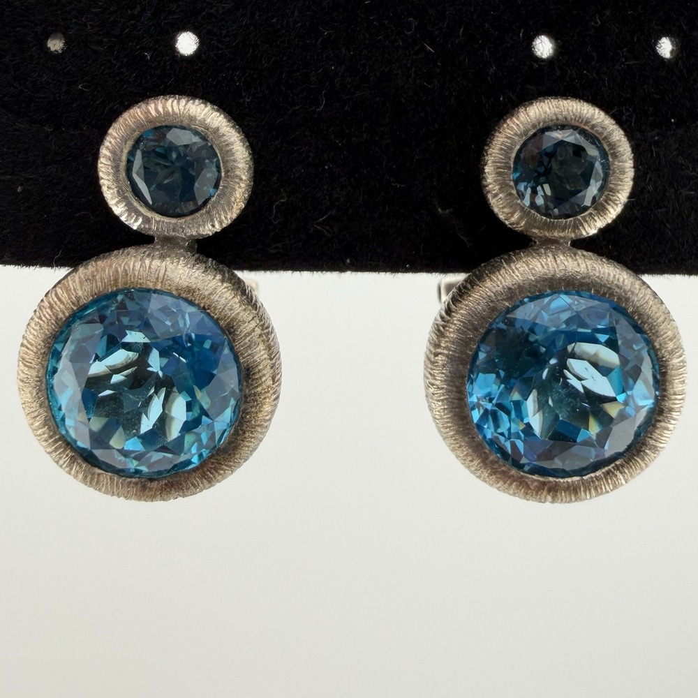 Sterling Silver Blue Topaz Tiered Drop Omega Back Earrings 925 Textured Bezel